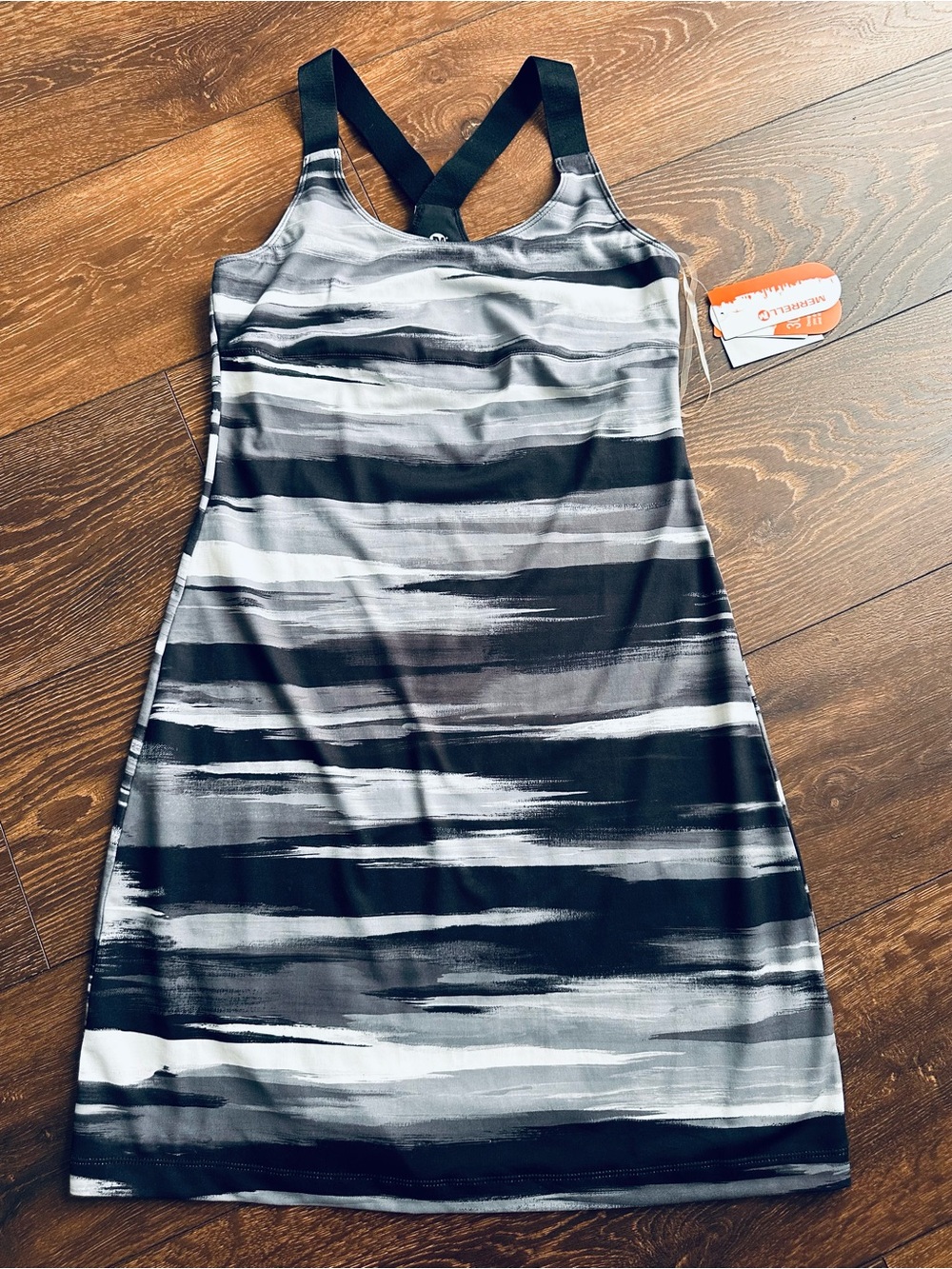 New with Tags Merrell Black & Gray Striped Active Mini Dress Built In Bra